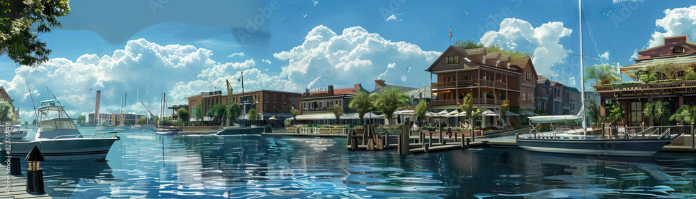 Naklejka premium Waterfront Promenade: Focus on waterfront promenades, marinas, and boat docks, showcasing the city's connection to water and maritime culture