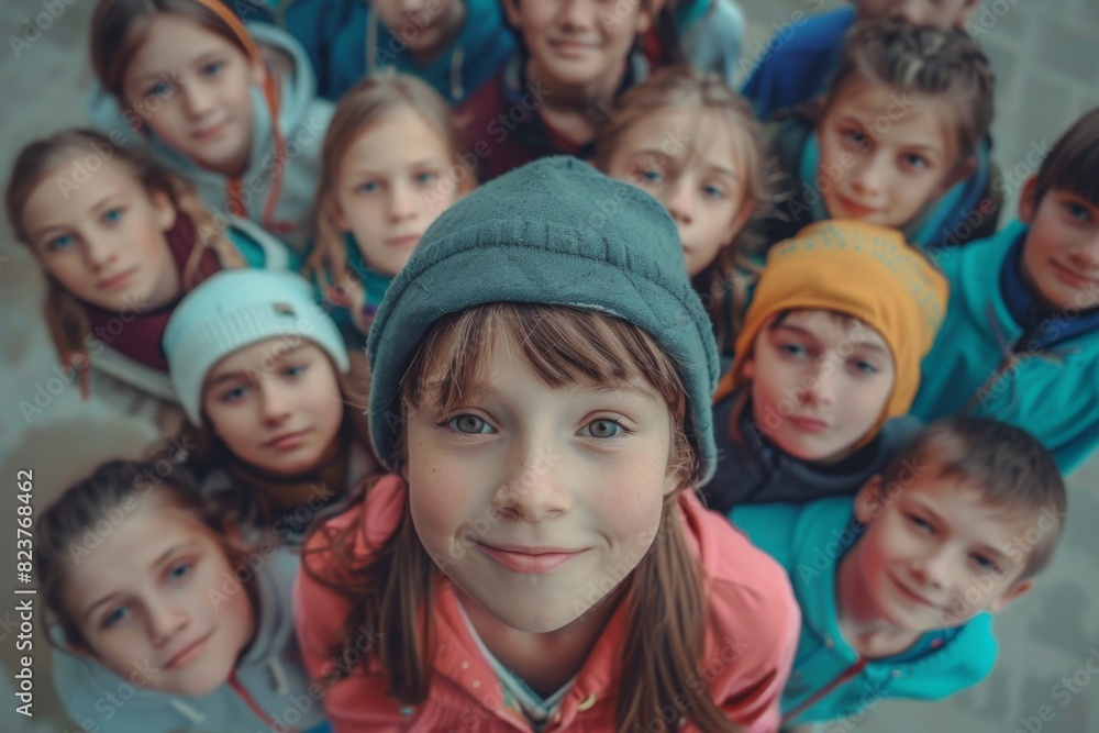 Portrait of a smiling schoolgirl in a knitted cap on a background of children. Portrait of a smiling schoolgirl in a knitted cap on a background of children.
