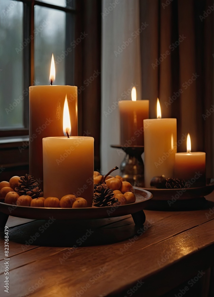 Burning candles on a wooden table. The concept of warmth and coziness