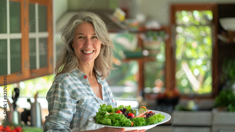 Portrait of a smiling woman holding a plate of fresh salad ingredients, symbolizing her dedication to maintaining a healthy and active lifestyle. Portrait of a smiling woman holding a plate of fresh salad ingredients, symbolizing her dedication to maintaining a healthy and active lifestyle.