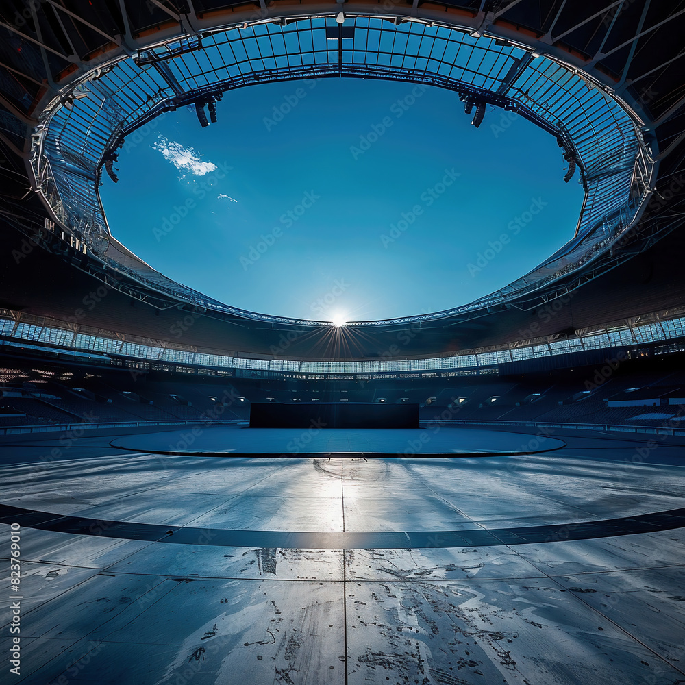 Obraz premium An empty platform as a mockup with a stadium in the background