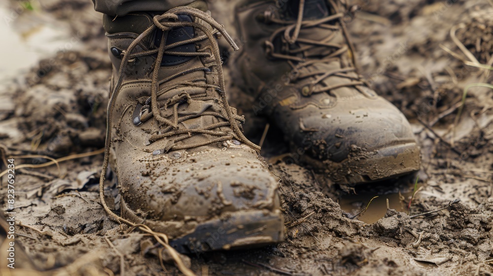 A close-up photo of a pair of hiking boots covered in mud and dust. A close-up photo of a pair of hiking boots covered in mud and dust.