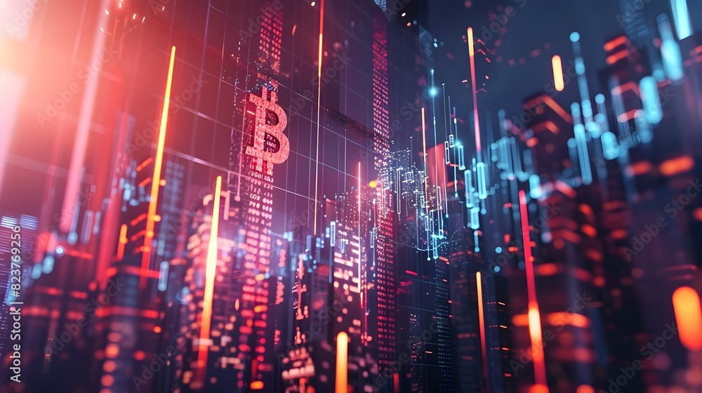 Fototapeta premium Glowing Cityscape of Digital Financial Data and Cryptocurrency Visualization