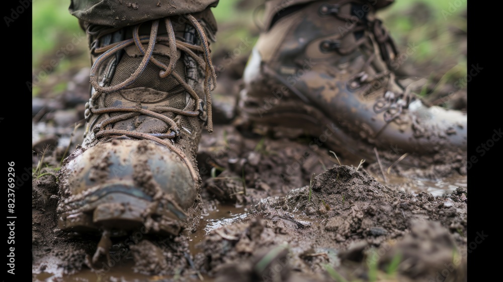 A close-up photo of a pair of hiking boots covered in mud and dust. A close-up photo of a pair of hiking boots covered in mud and dust.