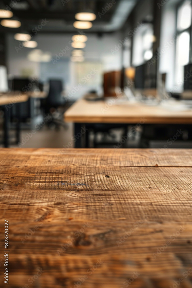 A wooden tabletop in the foreground with a blurred background of a high-tech office. The background features modern workstations with multiple monitors, ergonomic chairs, and whiteboards.