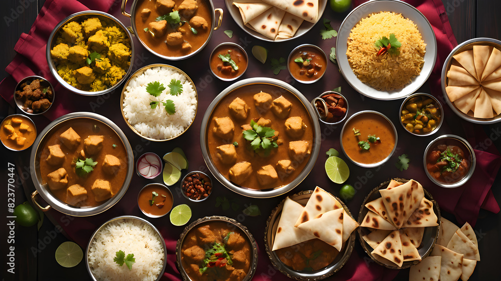 Desi, Indian traditional food set, top view, Generative AI Desi, Indian traditional food set, top view, Generative AI