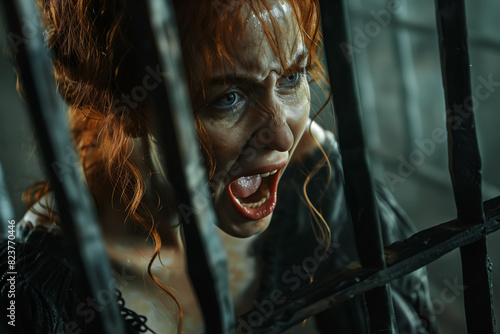 Red-haired woman witch in a cage, medieval punishment of the Inquisition concept. Woman screaming, expressive emotion photo