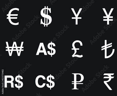 International CURRENCIES ARE BLACK AND WHITE. A WHITE LETTER ON A BLACK BACKGROUND. THE PATTERN OF WORLD CURRENCIES, DOLLAR, YUAN, EURO, © Olga