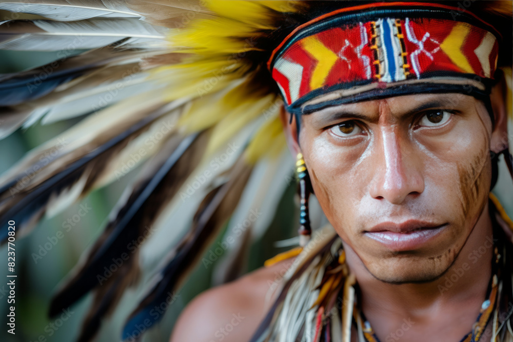 Portrait of an indigenous Amazonian, an, in traditional coloring and colored feathers. Portrait of an indigenous Amazonian, an, in traditional coloring and colored feathers.