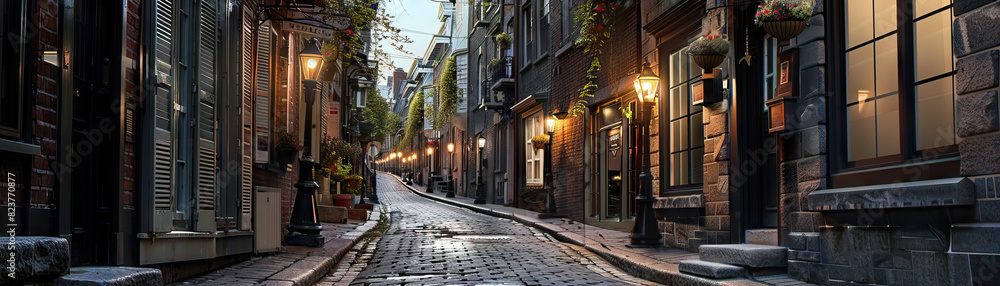 Historic Streets: Close-up of cobblestone streets, gas lamps, and historic buildings, highlighting the city's historic charm and heritage Historic Streets: Close-up of cobblestone streets, gas lamps, and historic buildings, highlighting the city's historic charm and heritage