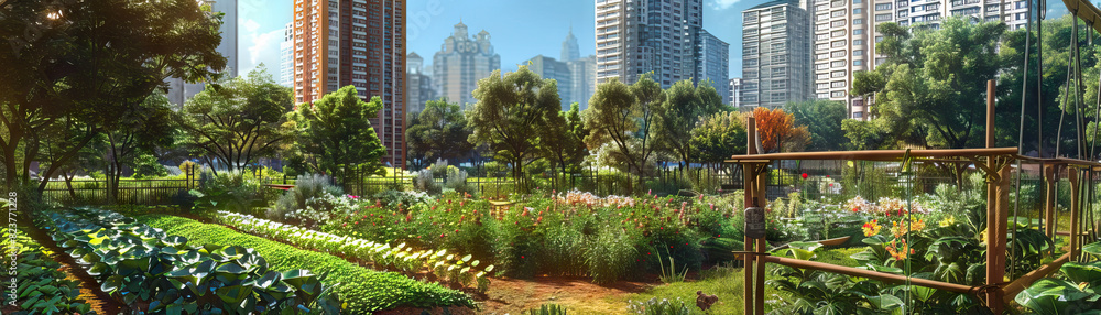Fototapeta premium Community Gardens: Focus on community gardens and urban farming initiatives, showcasing the city's commitment to sustainability and green spaces