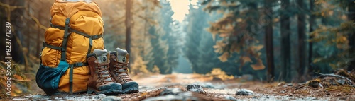 Travel backpack and hiking boots on a forest trail, signifying adventure and exploration in the wilderness during autumn. photo