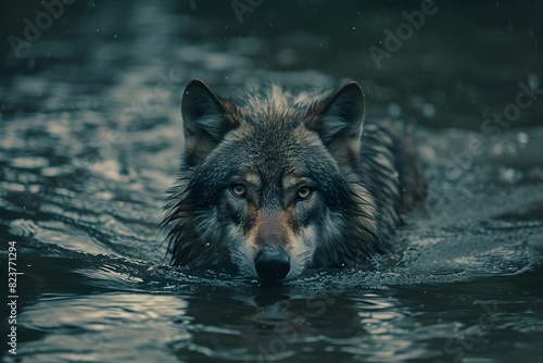 a wolf swimming in a deep river photo