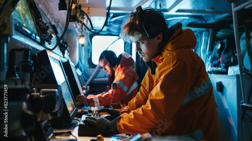 A team of hydrographers on a research vessel, using advanced equipment to map the ocean floor. photo