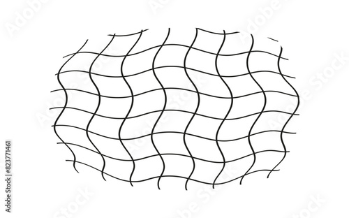 Illustration of a black fishing or football net.Checkered wavy background in doodle style.