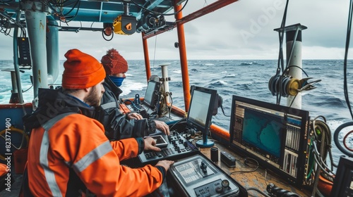 A team of hydrographers on a research vessel, using advanced equipment to map the ocean floor.