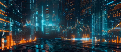 Futuristic Cityscape with Glowing Skyscrapers and Holographic Grid in Night Skyline photo