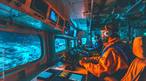 A team of hydrographers on a research vessel  using advanced equipment to map the ocean floor.