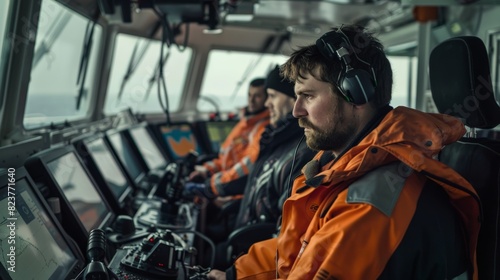 A team of hydrographers on a research vessel, using advanced equipment to map the ocean floor.