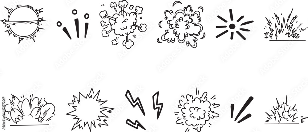 Doodle line sparkles and rays. Hand drawn explosion lines confetti, sun burst, decorative effect surprise elements. Sketch comic celebrating splash and sign. Vector	