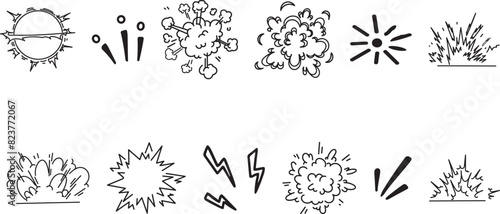 Doodle line sparkles and rays. Hand drawn explosion lines confetti, sun burst, decorative effect surprise elements. Sketch comic celebrating splash and sign. Vector	