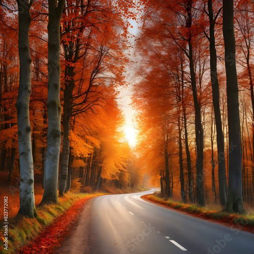 autumn forest with sunset and a road between the forest, trees with yellow and orange leaves