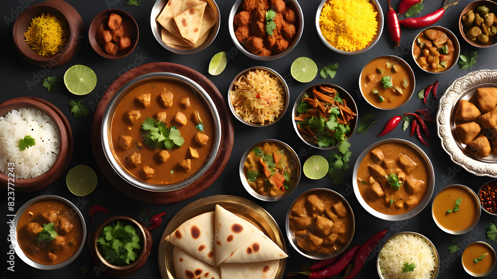 Desi, Indian traditional food set, top view, Generative AI