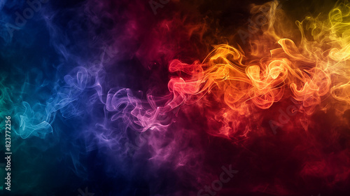 background, texture, Rainbow smoke, ethereal wisps, dark backdrop. Artificial smoke in red-blue light on black background in darkness