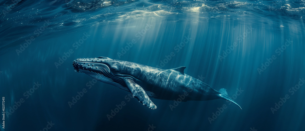 Obraz premium A lone whale swimming through the open ocean, its journey a solitary pilgrimage through the vastness of the sea
