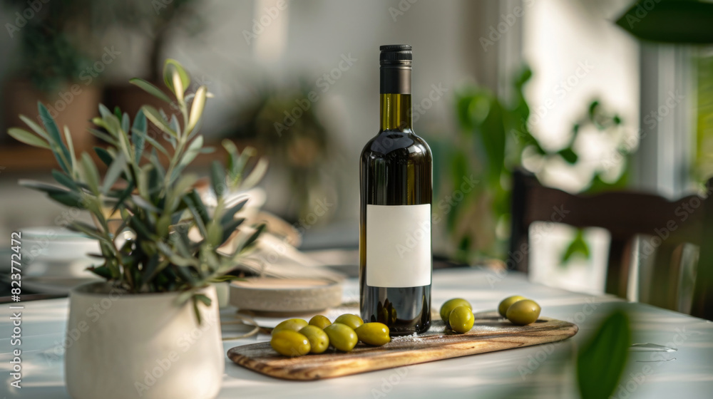 Culinary Elegance: Green Olives and Olive Oil on Rustic Kitchen Table Culinary Elegance: Green Olives and Olive Oil on Rustic Kitchen Table