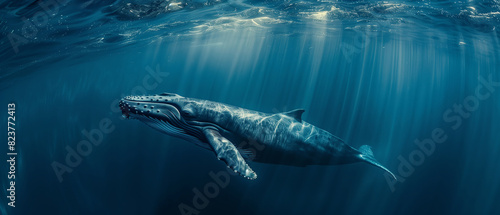 A lone whale swimming through the open ocean, its journey a solitary pilgrimage through the vastness of the sea photo
