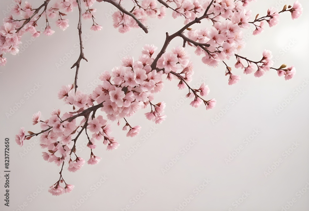Detailed 3D render of lifelike cherry tree limbs with soft pink petals gracefully flowing across a plain, matte white wall setting dark color decoration Detailed 3D render of lifelike cherry tree limbs with soft pink petals gracefully flowing across a plain, matte white wall setting dark color decoration
