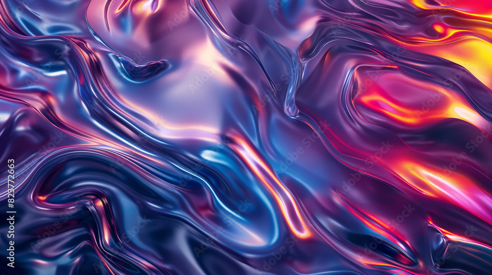 Fototapeta premium A vibrant abstract image with swirling, fluid patterns of glossy metallic hues like reds, purples, blues, and yellows. The smooth, wavy texture resembles liquid metal, perfect for themes of art, desig