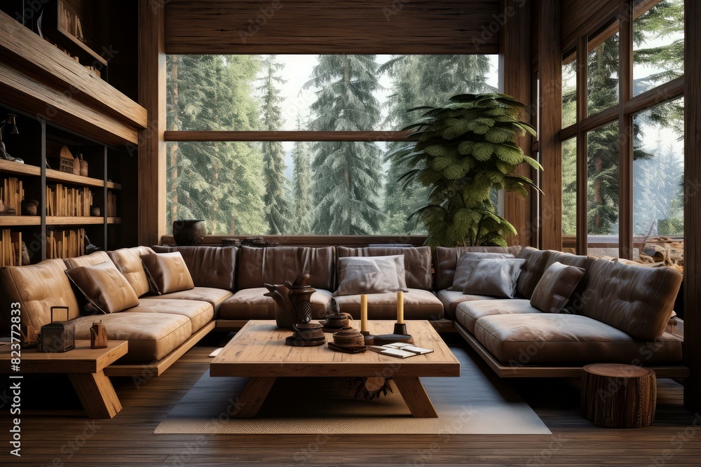 Luxurious and warm interior of a wooden cabin living room overlooking a serene forest landscape