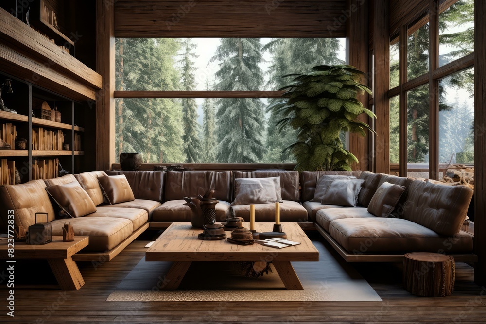Luxurious and warm interior of a wooden cabin living room overlooking a serene forest landscape Luxurious and warm interior of a wooden cabin living room overlooking a serene forest landscape