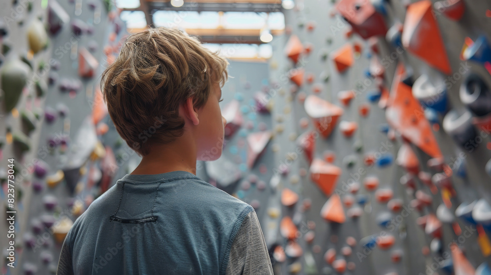 Fototapeta premium A young boy stands in front of a wall of rocks, looking up at them