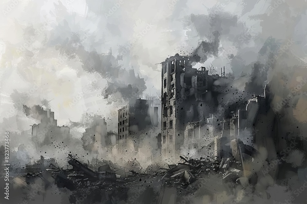 apocalyptic scene of smoke rising from bombed destroyed buildings war destruction digital painting