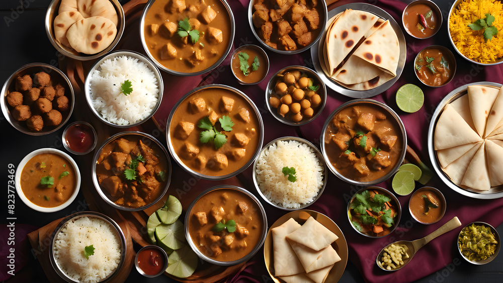 Desi, Indian traditional food set, top view, Generative AI Desi, Indian traditional food set, top view, Generative AI