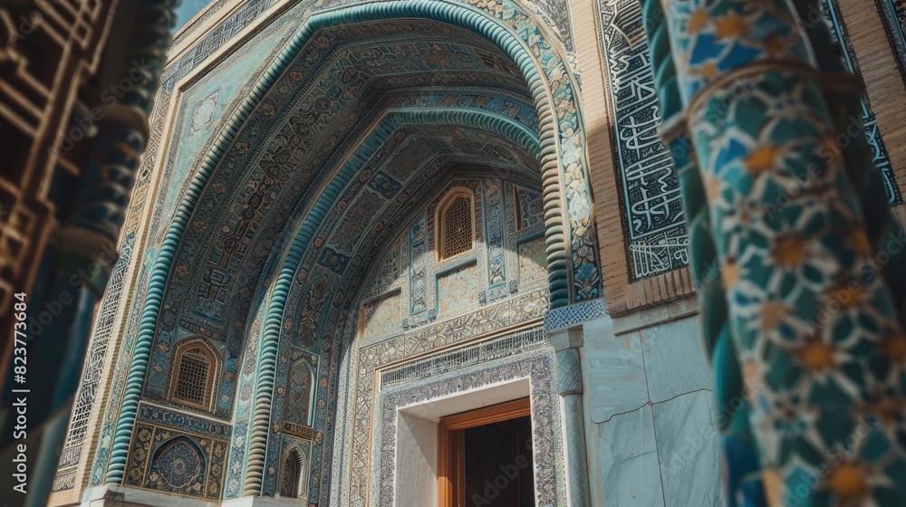 The intricate geometric patterns of the Samarkand Grand mosaic, showcasing blue and green tiles in an archway, set against white walls with decorative tilework.