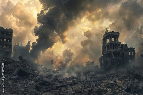 apocalyptic scene of smoke rising from bombed destroyed buildings war destruction digital painting #823773651