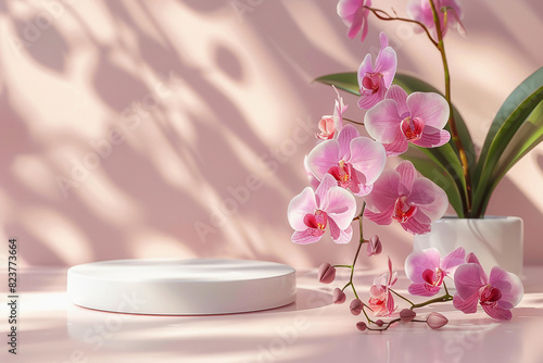 white round podium pedestal for cosmetic beauty product design presentation  light pink background with shadows and beautiful pink orchid flowers  cosmetic mockup