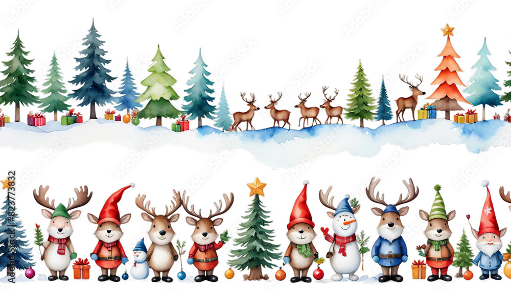 gnomes funny mooses white horizontal watercolor seamless border snowmen trees background christmas cartoon snowman gnome scandinavian elk moose nordic pine tree elf pattern forest dwarf banner