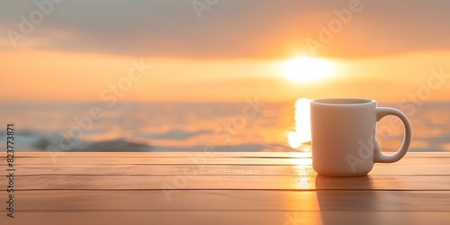 Fototapeta Naklejka Na Ścianę i Meble -  Coffee mug on wooden table with a serene seaside sunset in the background. Concept Seaside Sunset, Wooden Table, Coffee Mug, Serene Setting, Outdoor Photography