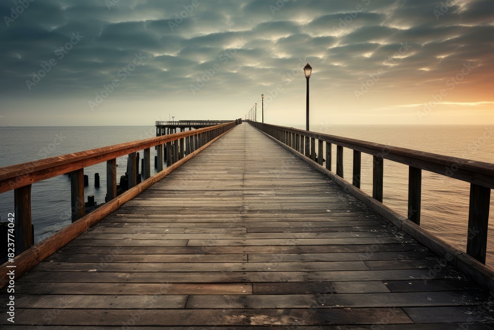 Tranquil scene of a long wooden pier extending into the sea at sunset with a soft, golden sky