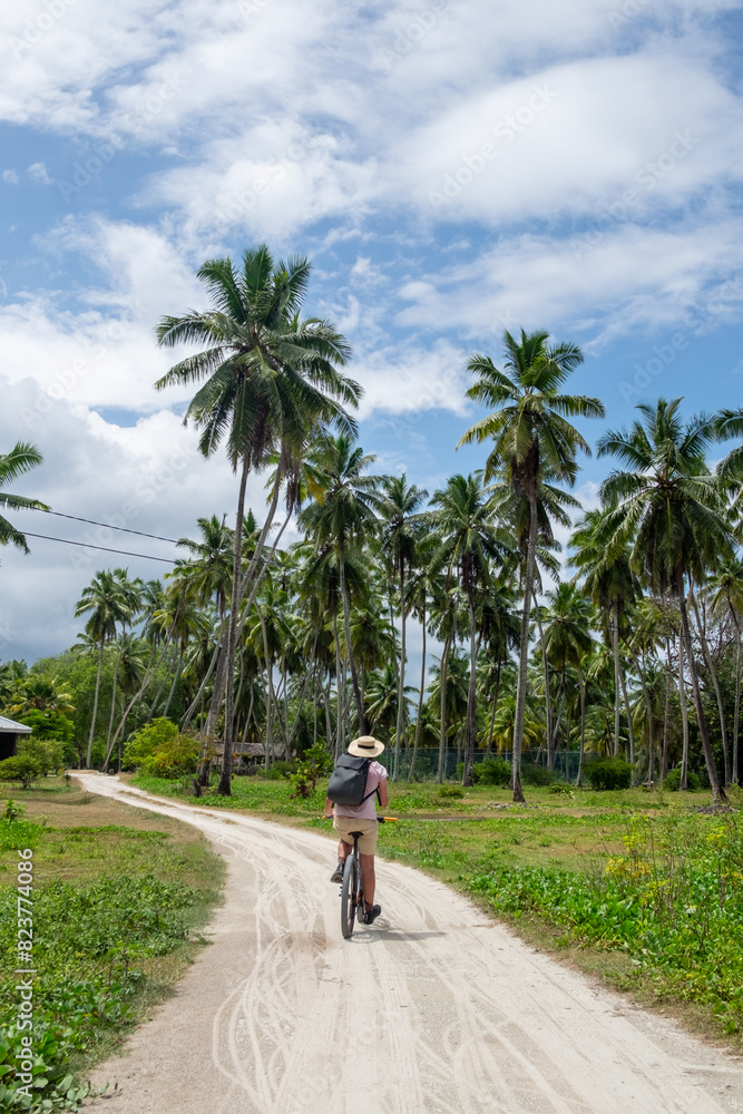 Male riding a bicycle on tropical La Digue Island - Seychelles Male riding a bicycle on tropical La Digue Island - Seychelles