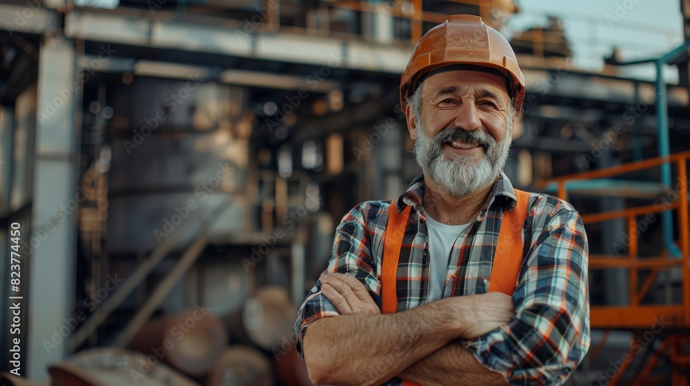 An elderly engineer with a beard and mustache on his face,
stands and smiles, arms crossed over his chest, at a construction site.
An elderly engineer with a beard and mustache on his face,
stands and smiles, arms crossed over his chest, at a construction site.