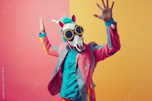 Freak in horse mask dancing, masquerade, absurd carnival, having fun in costume party, weird mask head photo