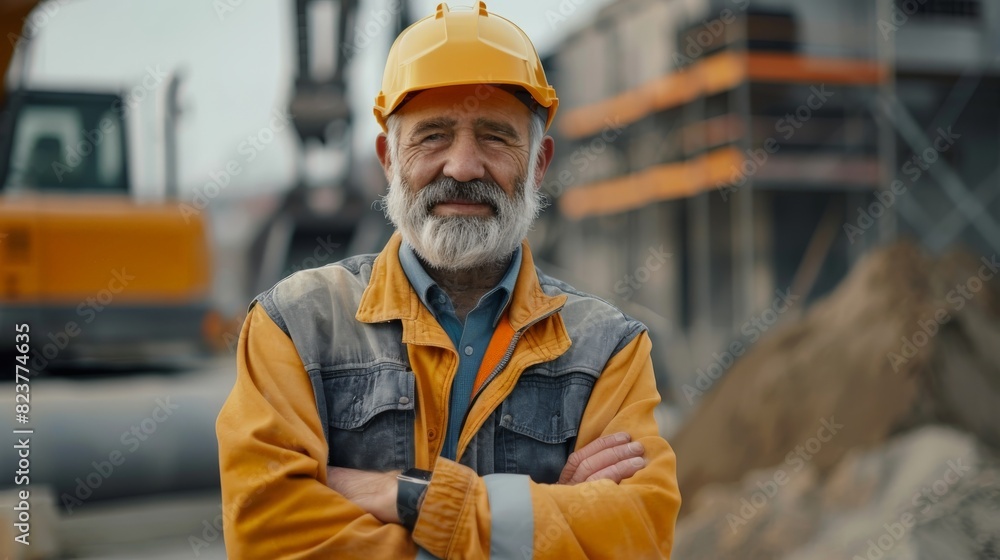 An elderly engineer with a beard and mustache on his face,
stands and smiles, arms crossed over his chest, at a construction site.
An elderly engineer with a beard and mustache on his face,
stands and smiles, arms crossed over his chest, at a construction site.