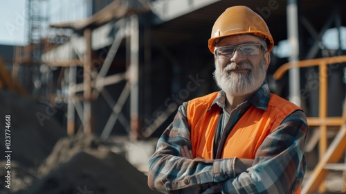 An elderly engineer with a beard and mustache on his face, 
stands and smiles, arms crossed over his chest, at a construction site.
