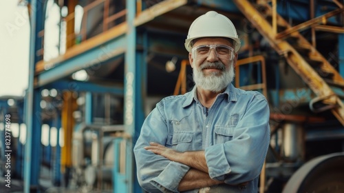 An elderly engineer with a beard and mustache on his face,  stands and smiles, arms crossed over his chest, at a construction site.  © nikola-master